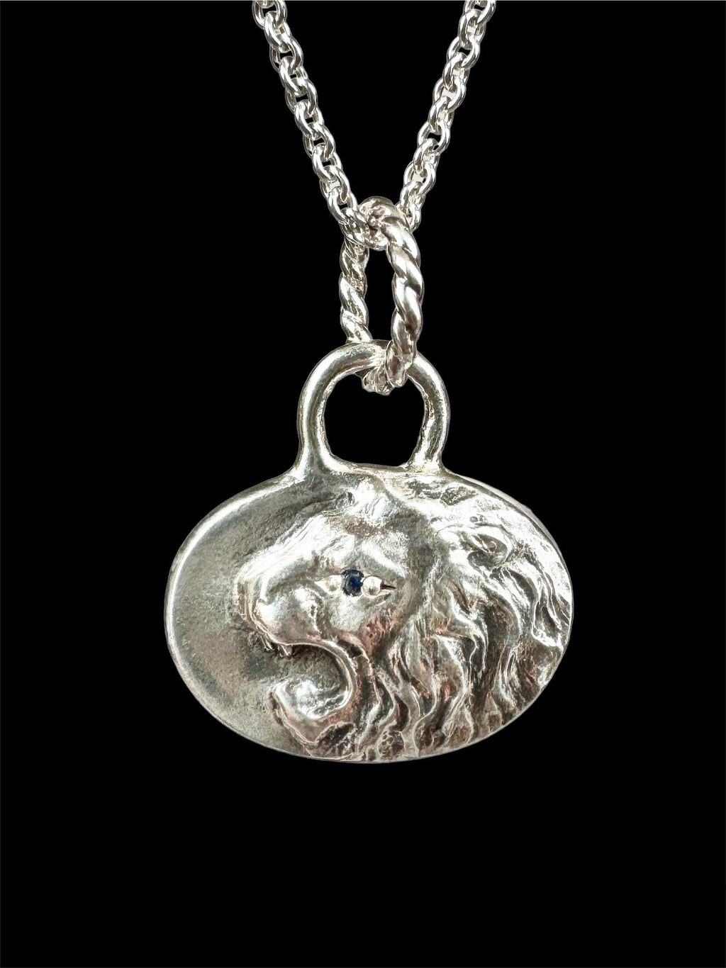 Roaring Lion Pendant with Blue Sapphire, sterling silver