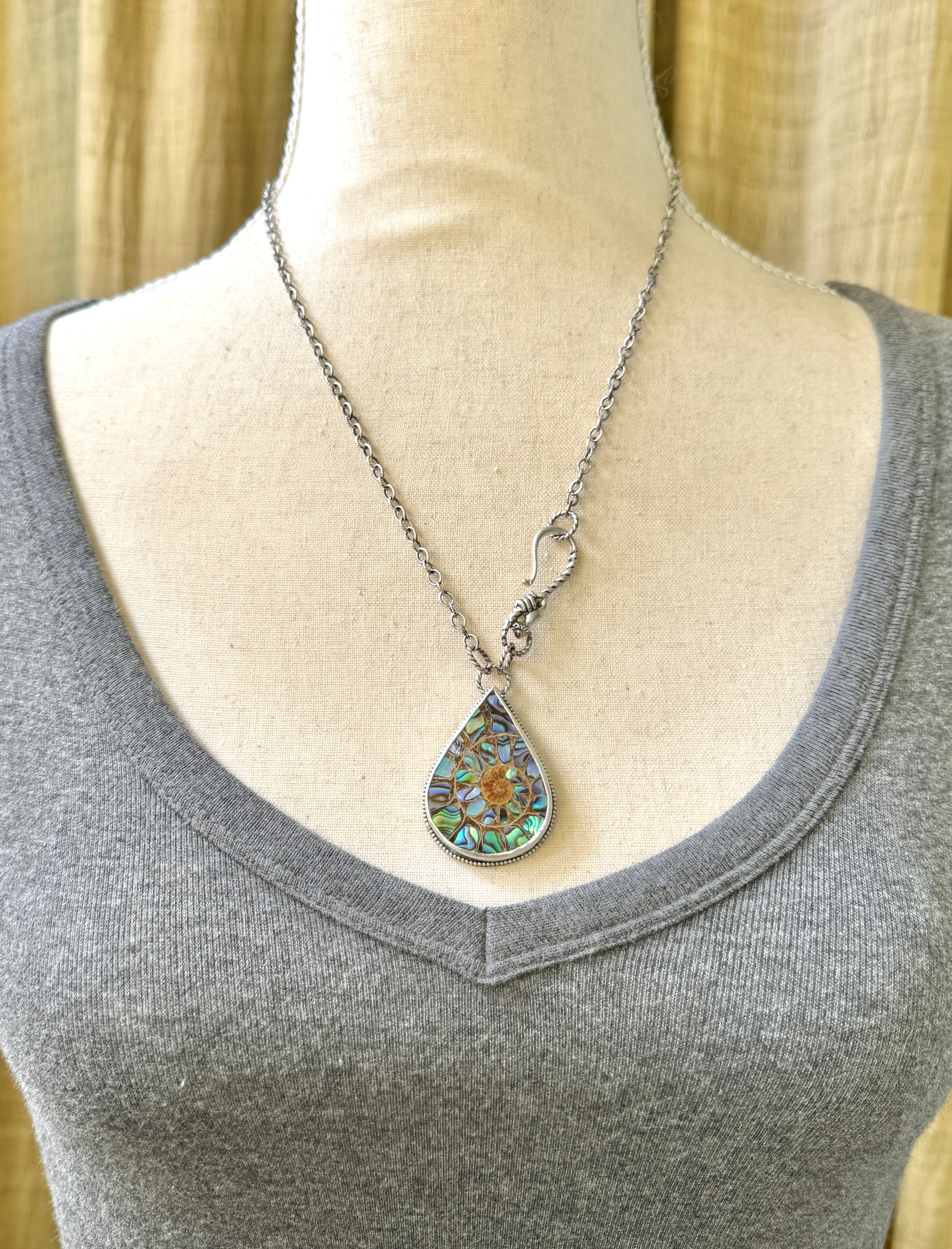 Ammonite with Abalone Inlay pendant with Hand Clasp