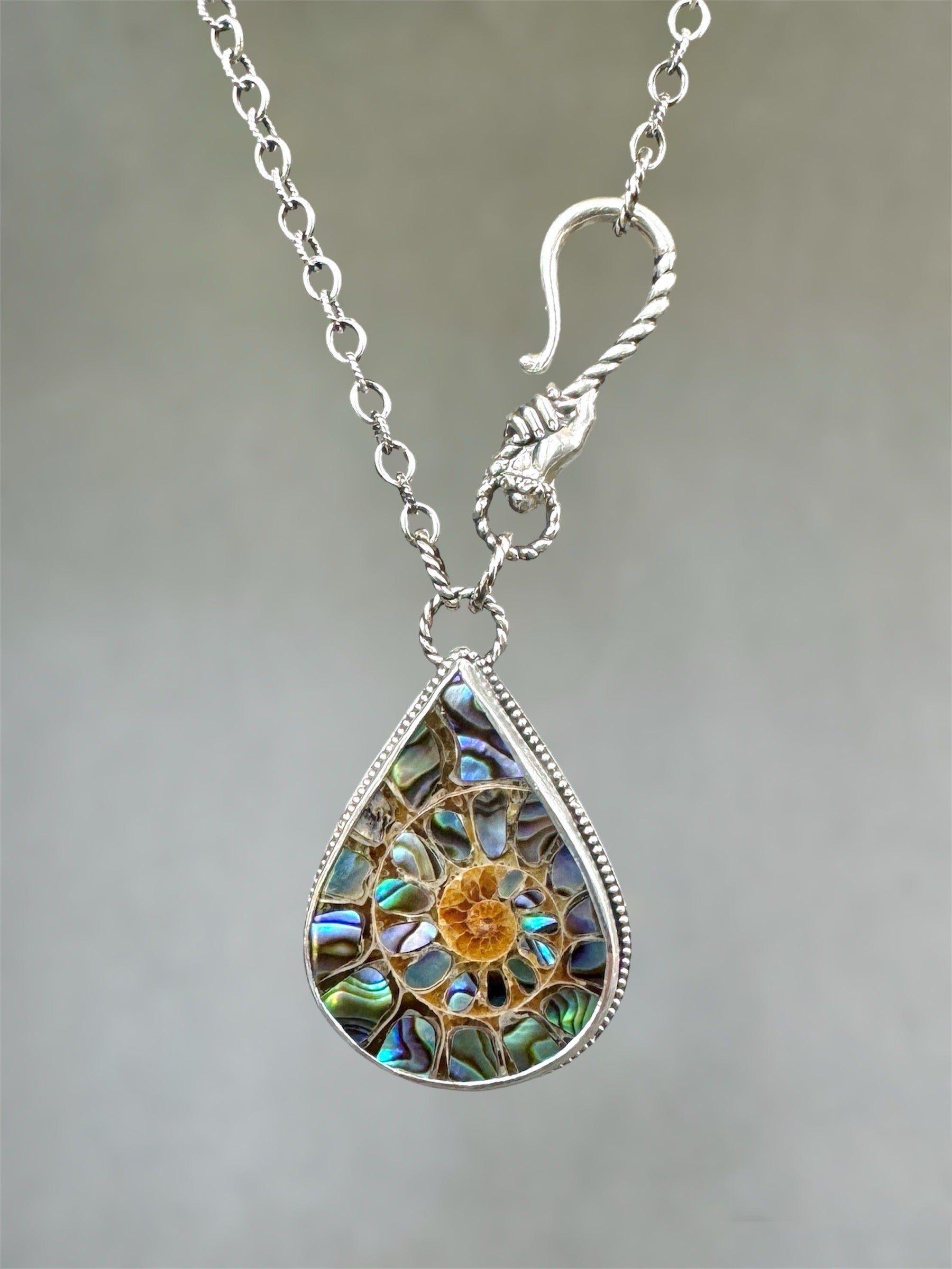 Ammonite with Abalone Inlay pendant with Hand Clasp