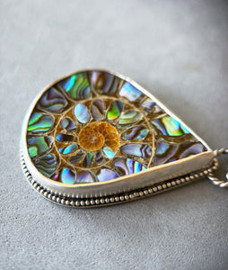 Ammonite with Abalone Inlay pendant with Hand Clasp