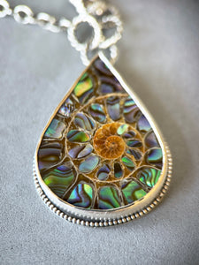 Ammonite with Abalone Inlay pendant with Hand Clasp