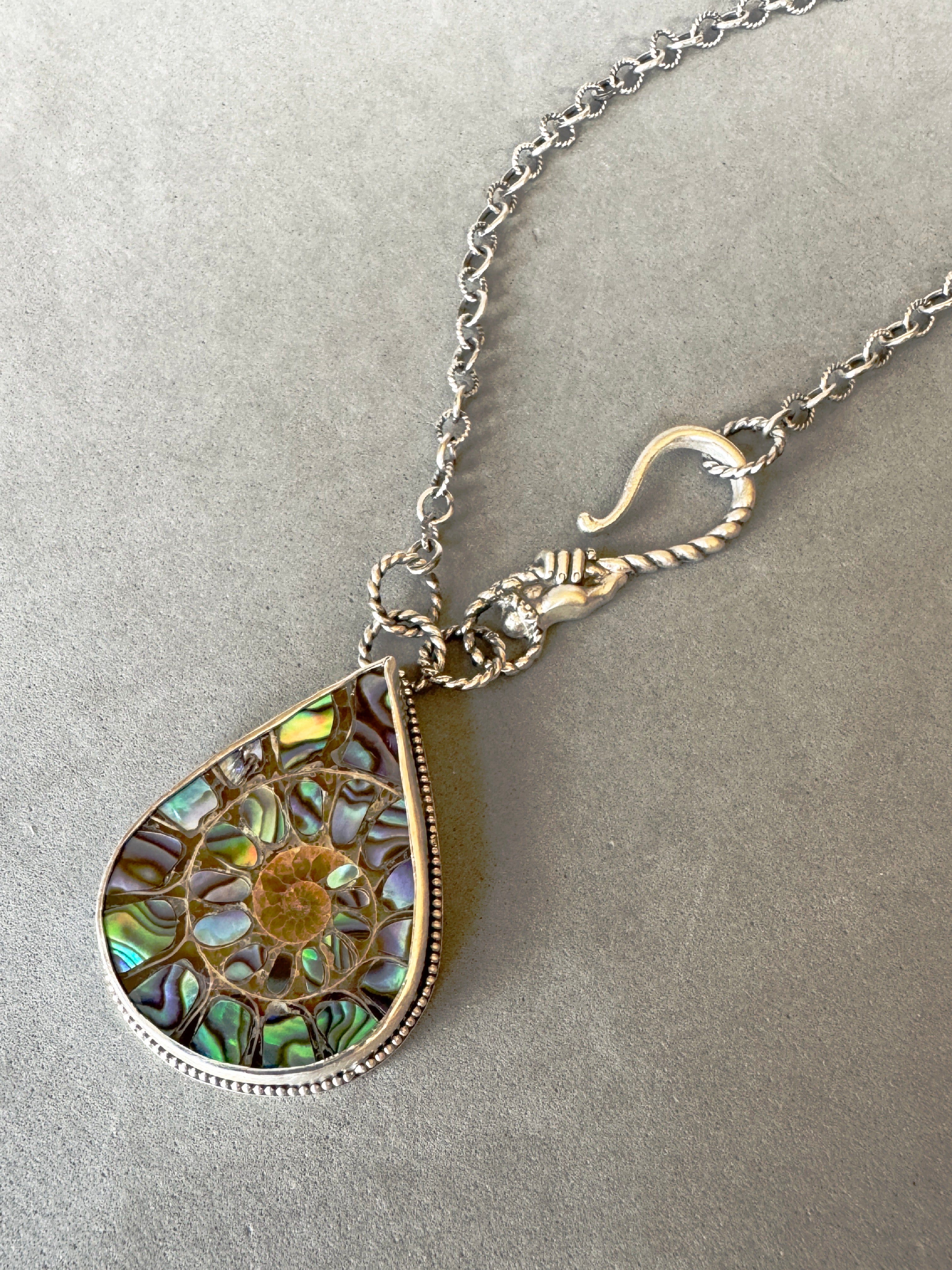 Ammonite with Abalone Inlay pendant with Hand Clasp