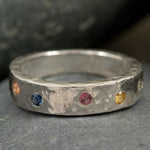 Load image into Gallery viewer, Sapphire Rainbow ring in sterling silver, multi colored gemstones, birthstones, hammered, wedding band
