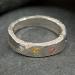 Load image into Gallery viewer, Sapphire Rainbow ring in sterling silver, multi colored gemstones, birthstones, hammered, wedding band
