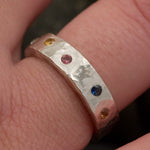 Load image into Gallery viewer, Sapphire Rainbow ring in sterling silver, multi colored gemstones, birthstones, hammered, wedding band
