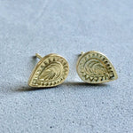 Load image into Gallery viewer, 14K Gold Mehndi Teardrop stud earrings, stamped, gold studs
