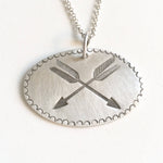 Load image into Gallery viewer, Double Arrow stamped Silver pendant, archery, friendship, tribal, crossed arrows
