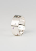 Load image into Gallery viewer, Gemstone Moon Band Ring in sterling silver, custom stones, birthstones, wedding band, flush set, red, purple, green, yellow
