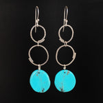 Load image into Gallery viewer, These lovely earrings are sterling silver with Nacozari Turquoise oval drops. 

The earrings are 3" long (75mm) from the very top of the earwire to the bottom of the stone.

All hand stamped sterling silver. Each earring weighs 3.5 grams
