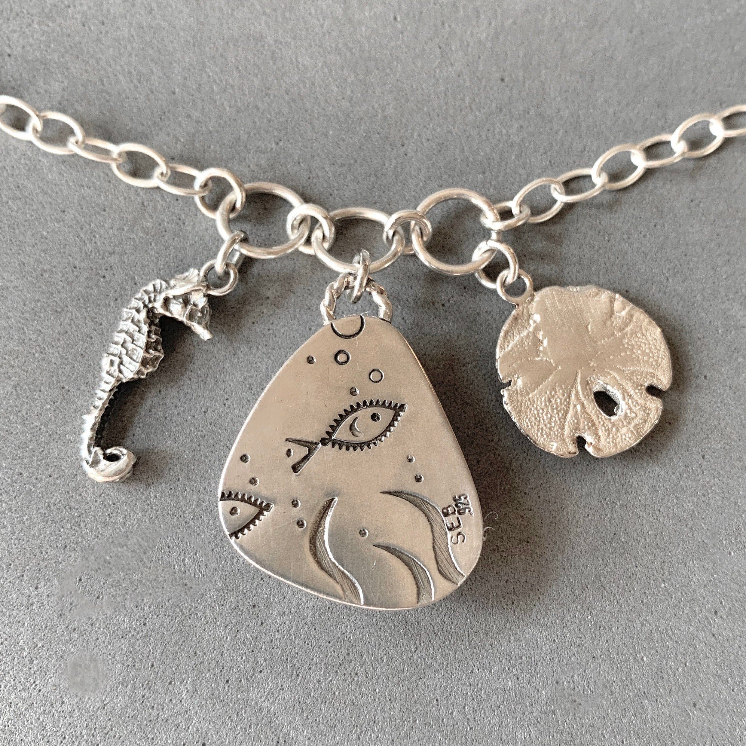 Larimar Charm Necklace, Seahorse, Sand Dollar, sterling silver