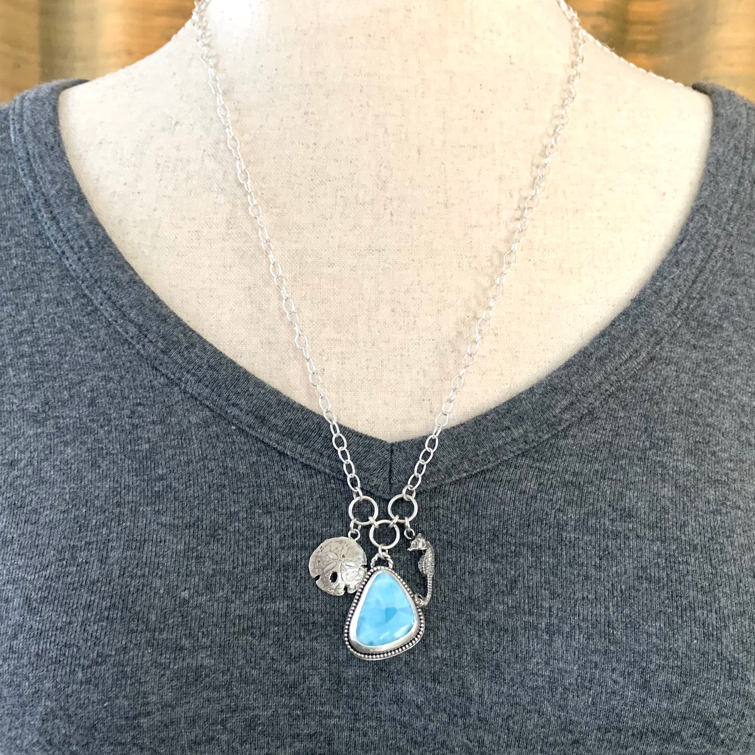 Larimar Charm Necklace, Seahorse, Sand Dollar, sterling silver