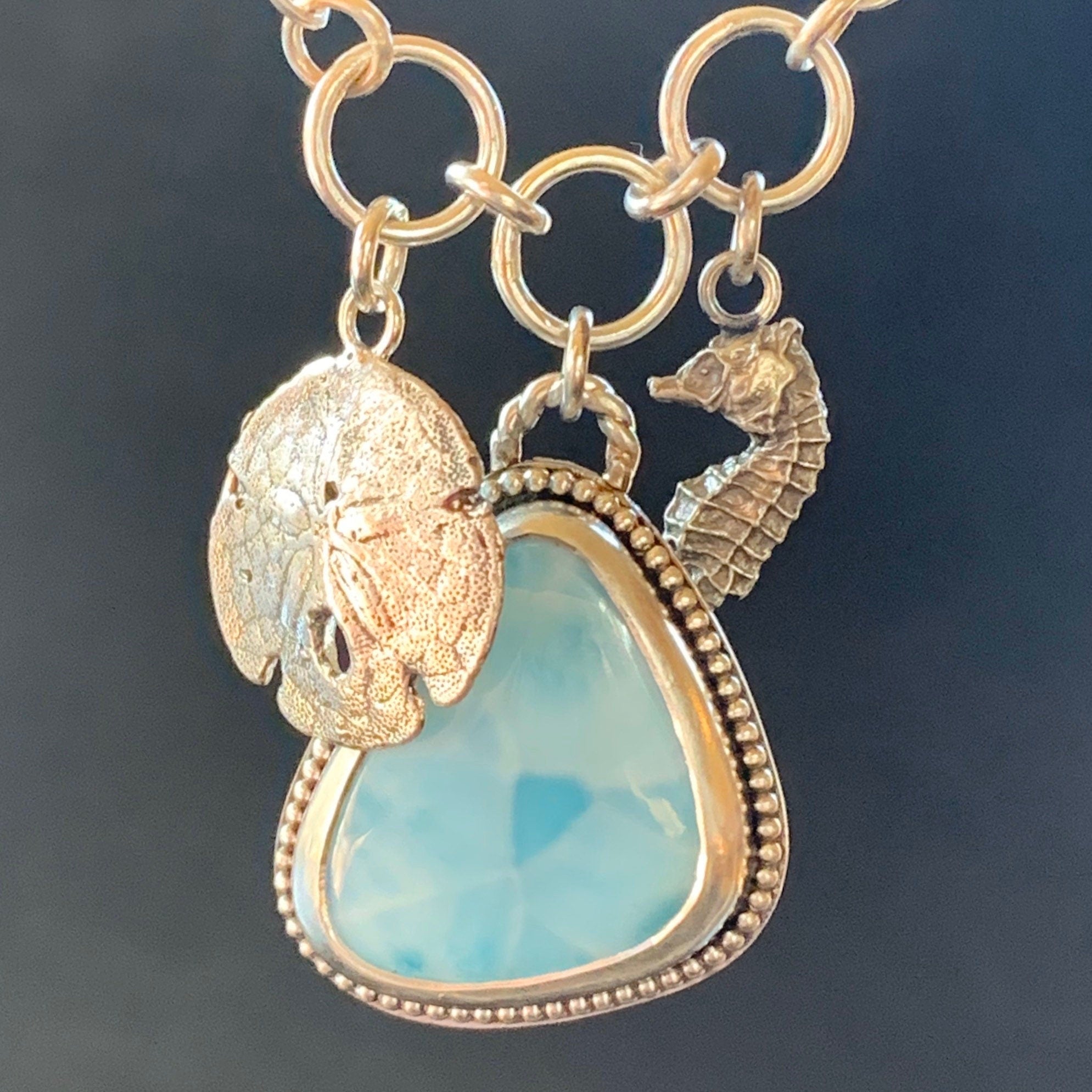 Larimar Charm Necklace, Seahorse, Sand Dollar, sterling silver