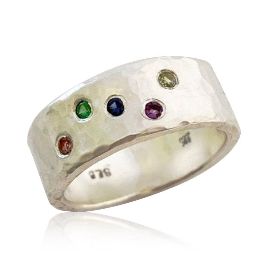 Custom Gemstone ring in your size. Five 2mm gemstones in a sterling silver band. You choose the stones and the type of finish you want.