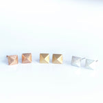 Load image into Gallery viewer, These four sided pyramids are created using a shot plate to form the gold or silver into a pyramid. They are great for everyday wear.

The earrings are about 1/4&quot; in size (5mm) and have a brushed finish.
