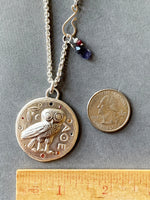 Load image into Gallery viewer, Athenian Owl pendant with Sapphires in sterling silver, ancient greek coin
