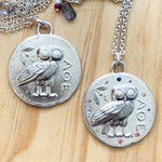 Load image into Gallery viewer, Athenian Owl pendant with Sapphires in sterling silver, ancient greek coin
