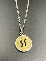 Load image into Gallery viewer, Vintage San Francisco Bus Token Pendant, MUNI token, bus fare, sterling silver
