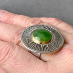 Load image into Gallery viewer, Jade Sunburst Cocktail Ring, Sterling Silver and 18K Gold, Mid Century Modern
