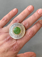 Load image into Gallery viewer, Jade Sunburst Cocktail Ring, Sterling Silver and 18K Gold, Mid Century Modern
