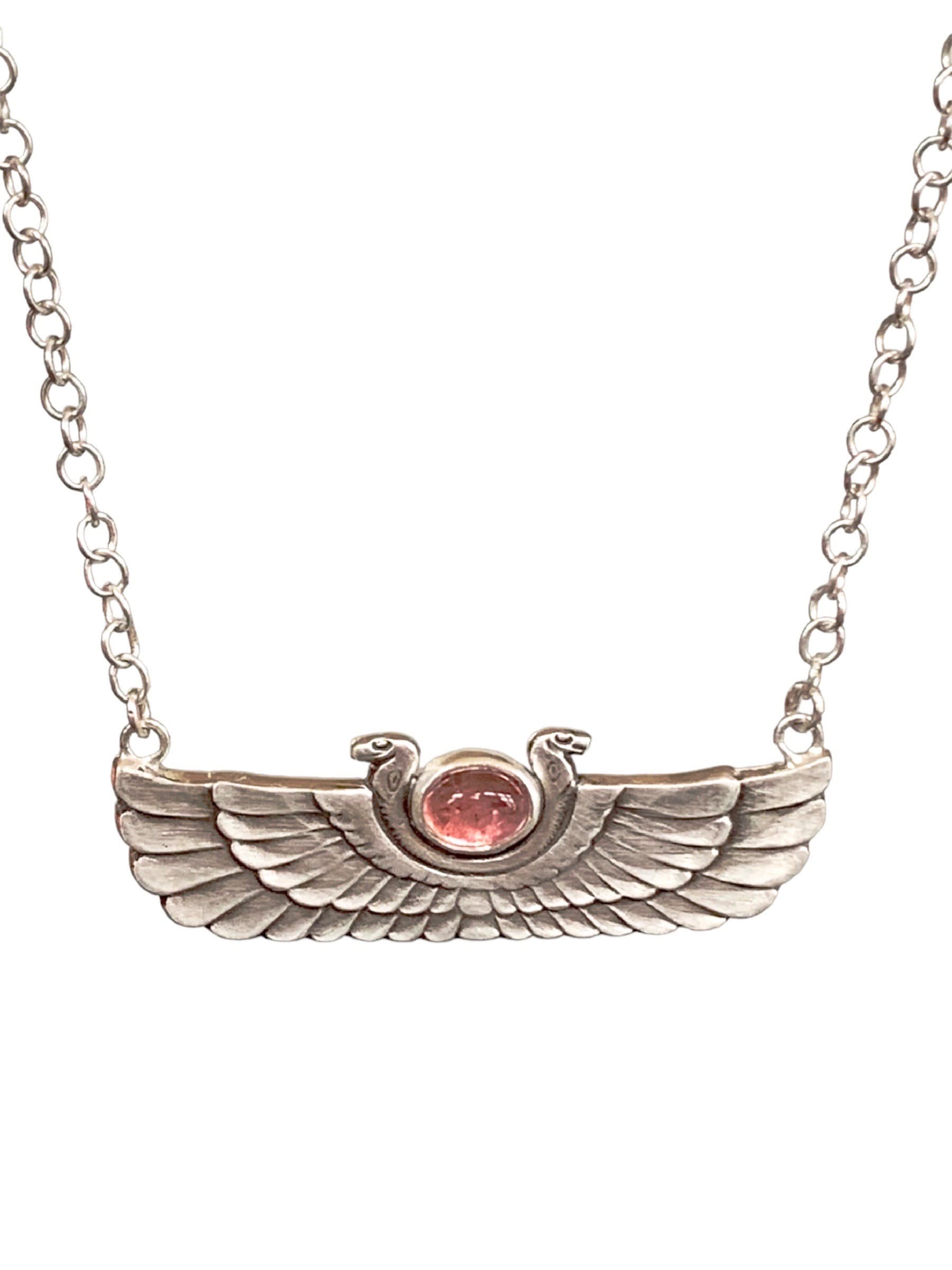 Winged Cobra with Pink Tourmaline pendant, sterling silver, Egyptian Wadjet