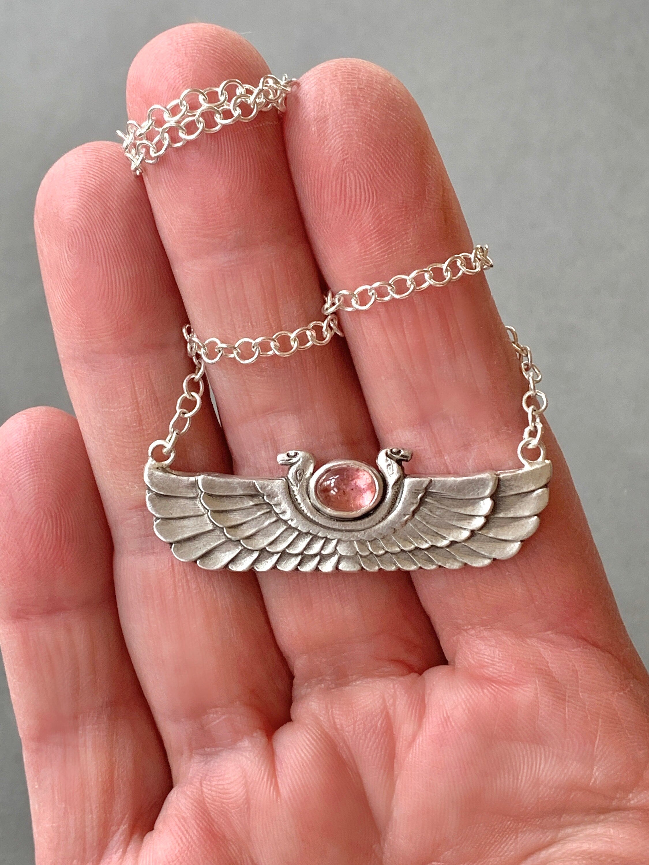 Winged Cobra with Pink Tourmaline pendant, sterling silver, Egyptian Wadjet