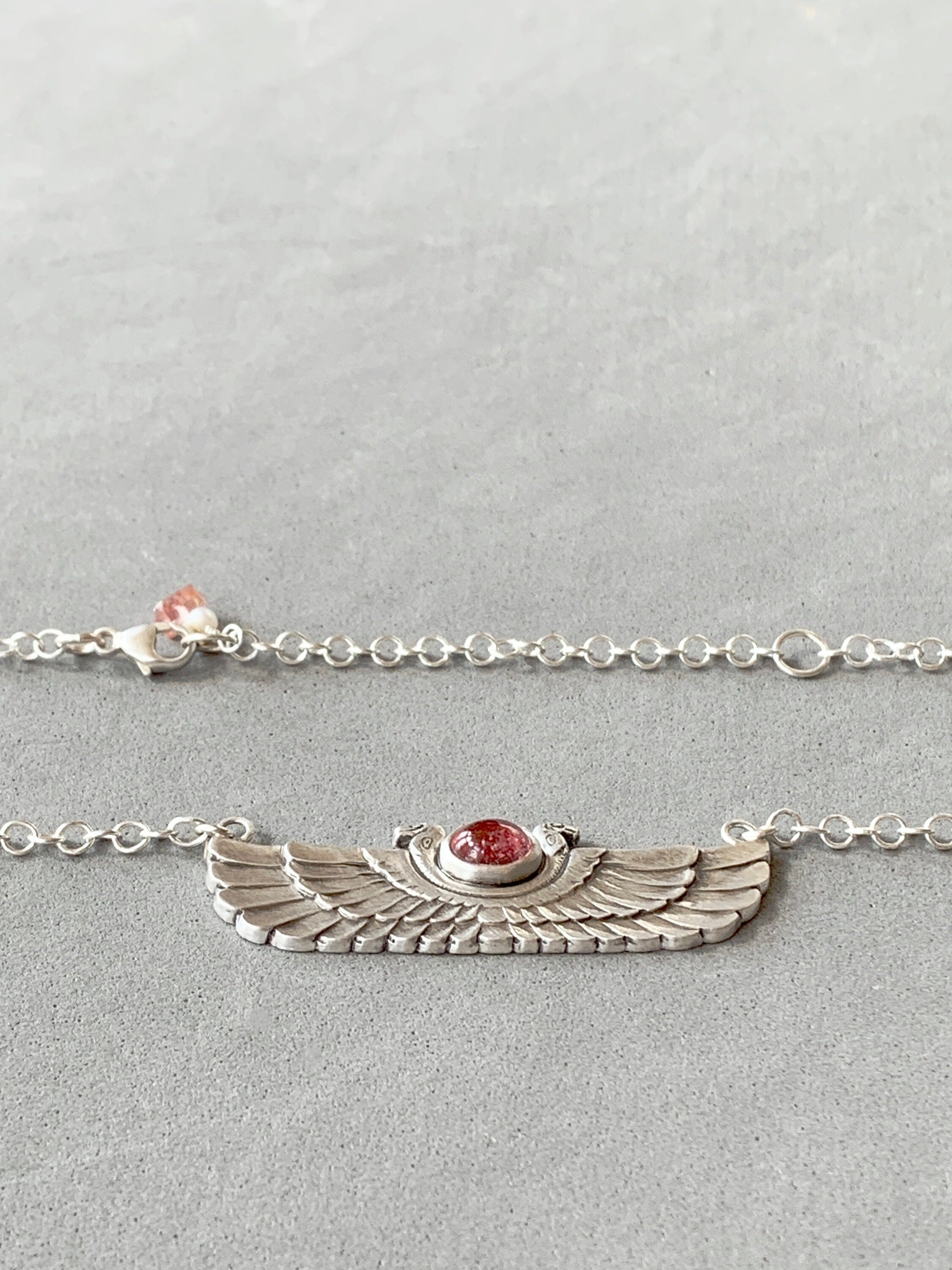 Winged Cobra with Pink Tourmaline pendant, sterling silver, Egyptian Wadjet