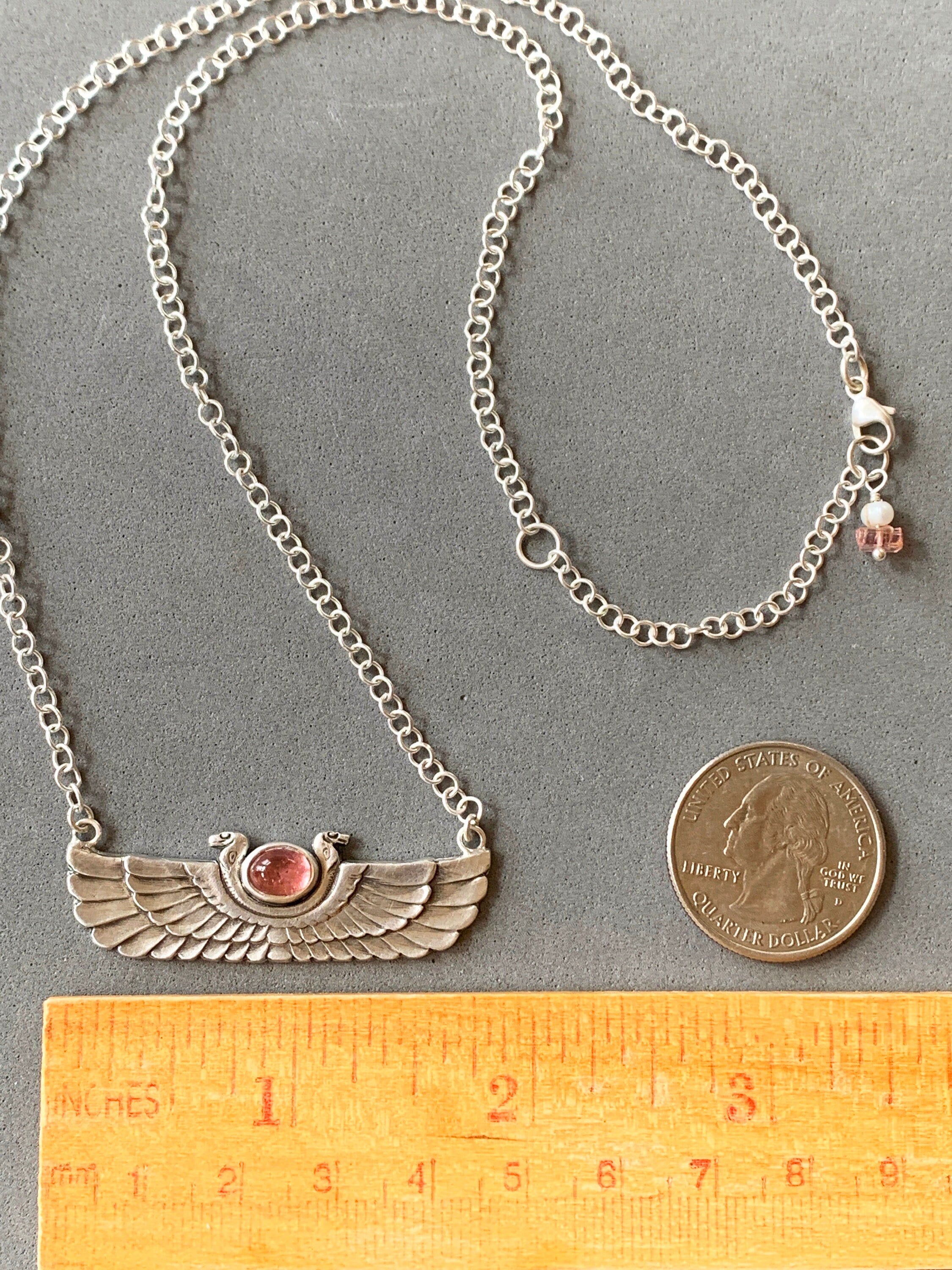 Winged Cobra with Pink Tourmaline pendant, sterling silver, Egyptian Wadjet