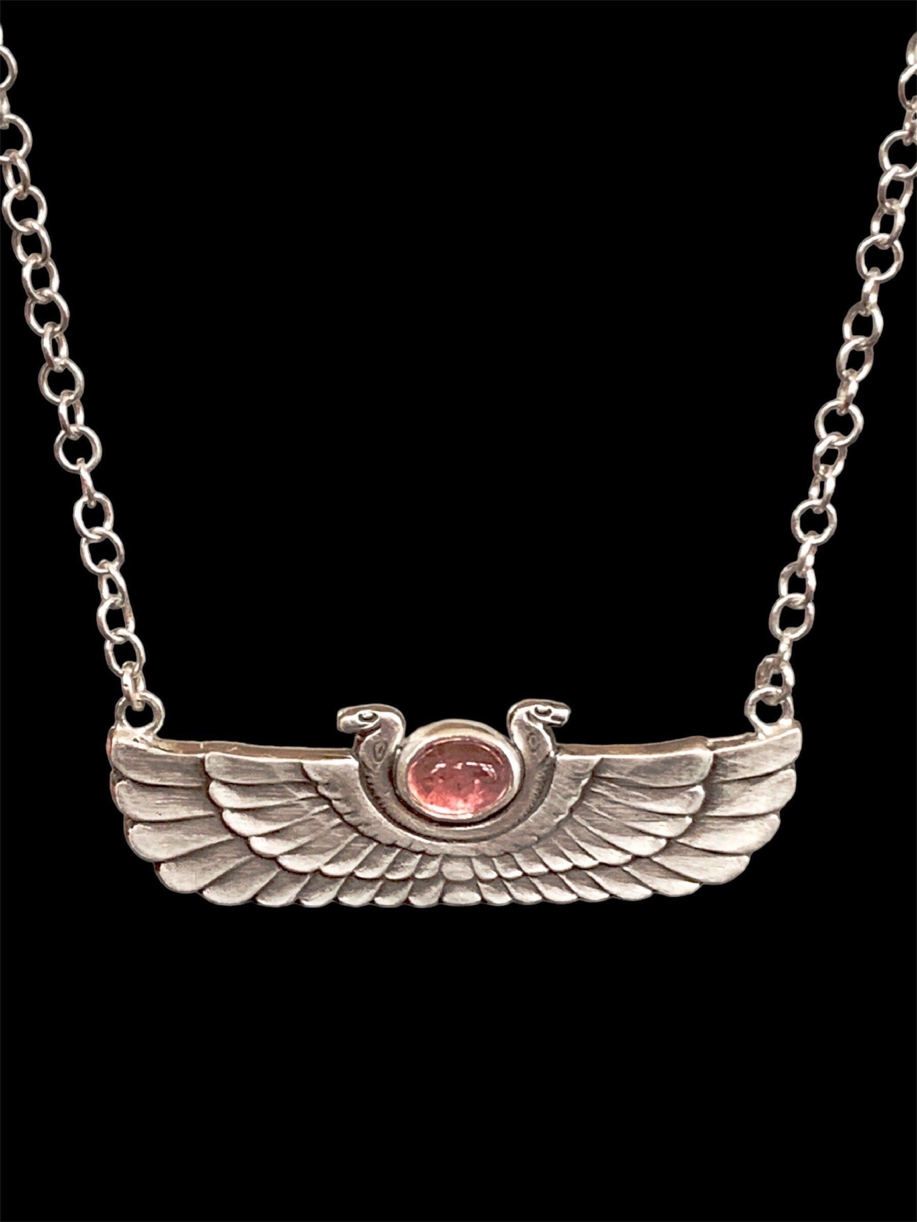 Winged Cobra with Pink Tourmaline pendant, sterling silver, Egyptian Wadjet