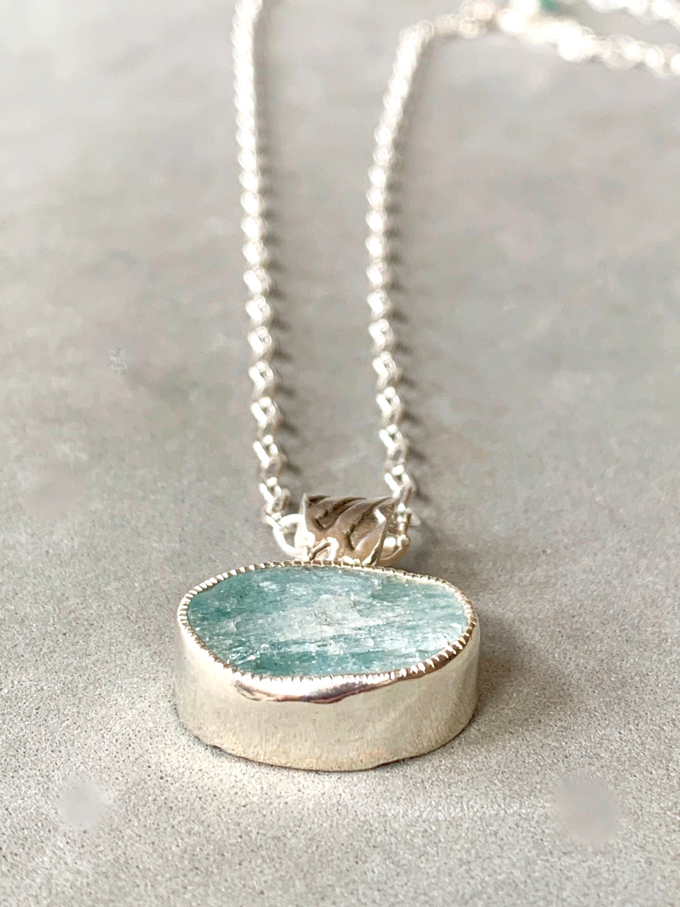 Natural Aquamarine Pendant in Sterling Silver, raw stone, birthstone