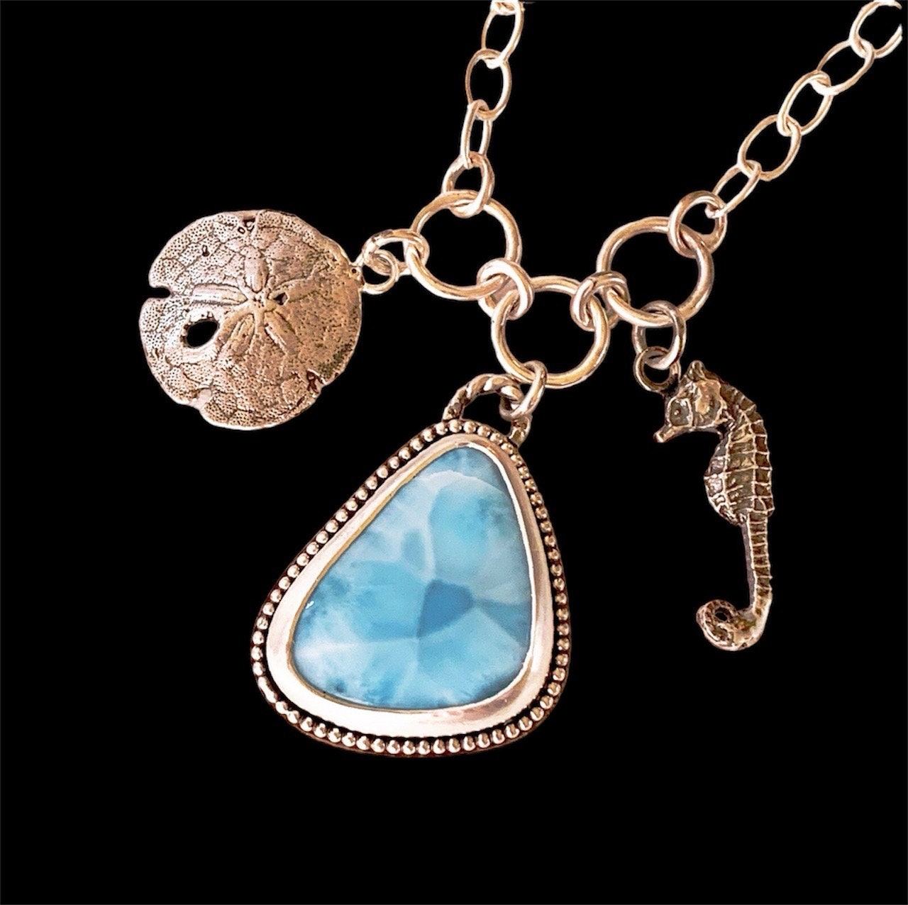 Larimar Charm Necklace, Seahorse, Sand Dollar, sterling silver