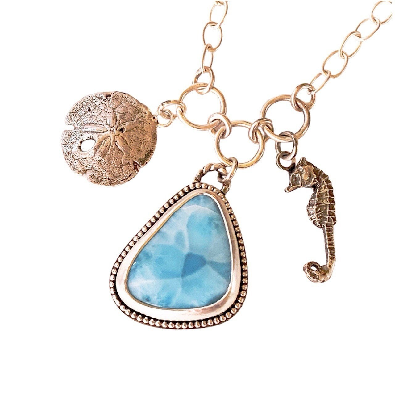 Larimar Charm Necklace, Seahorse, Sand Dollar, sterling silver