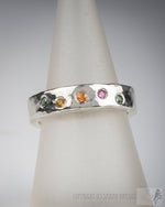 Load image into Gallery viewer, Sapphire Rainbow ring in sterling silver, multi colored gemstones, birthstones, hammered, wedding band
