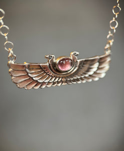Winged Cobra with Pink Tourmaline pendant, sterling silver, Egyptian Wadjet