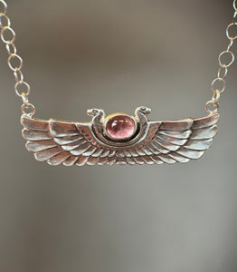 Winged Cobra with Pink Tourmaline pendant, sterling silver, Egyptian Wadjet