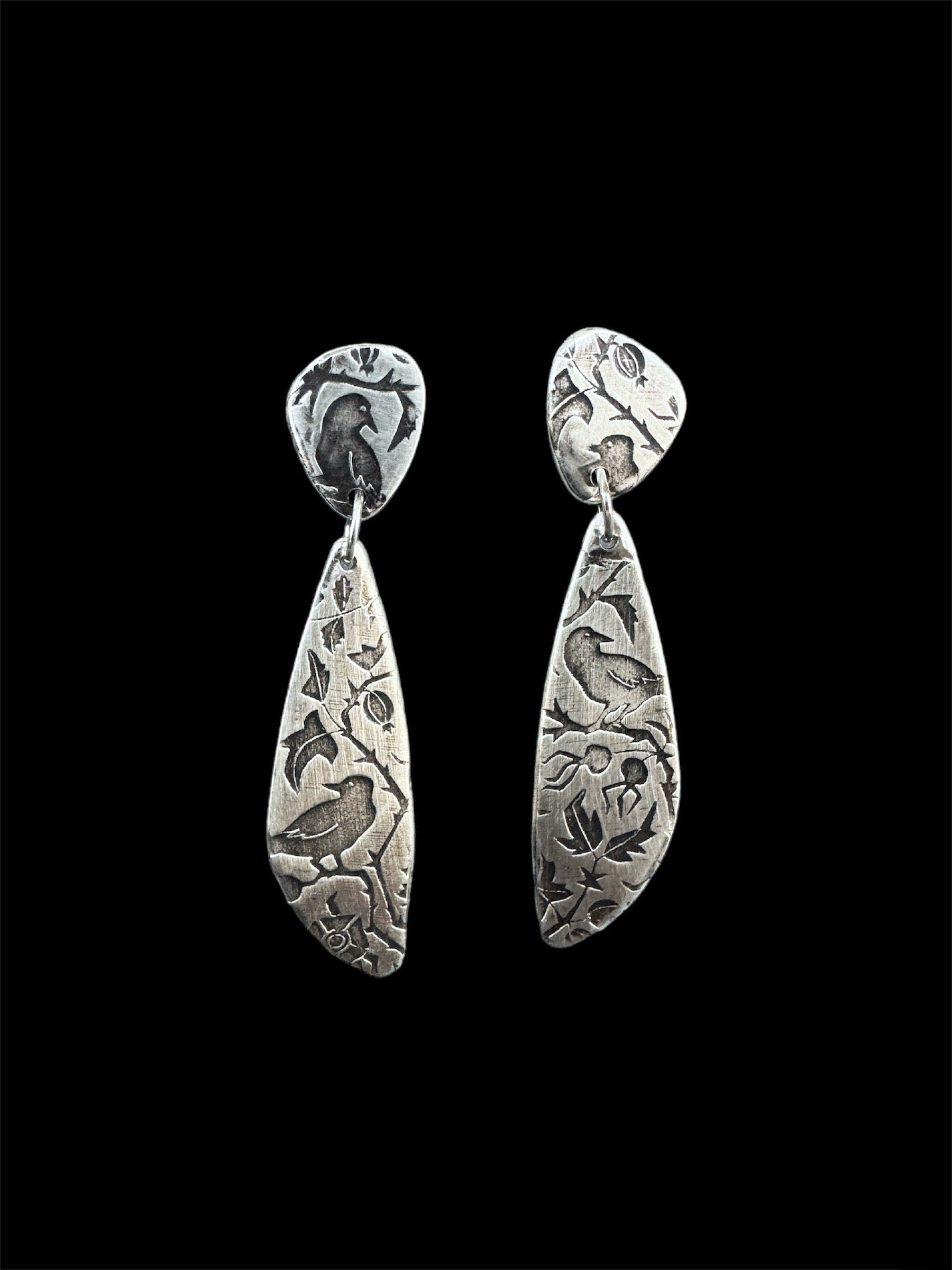 Raven Earrings in sterling silver, stud dangles