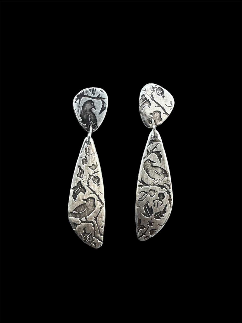 Raven Earrings in sterling silver, stud dangles