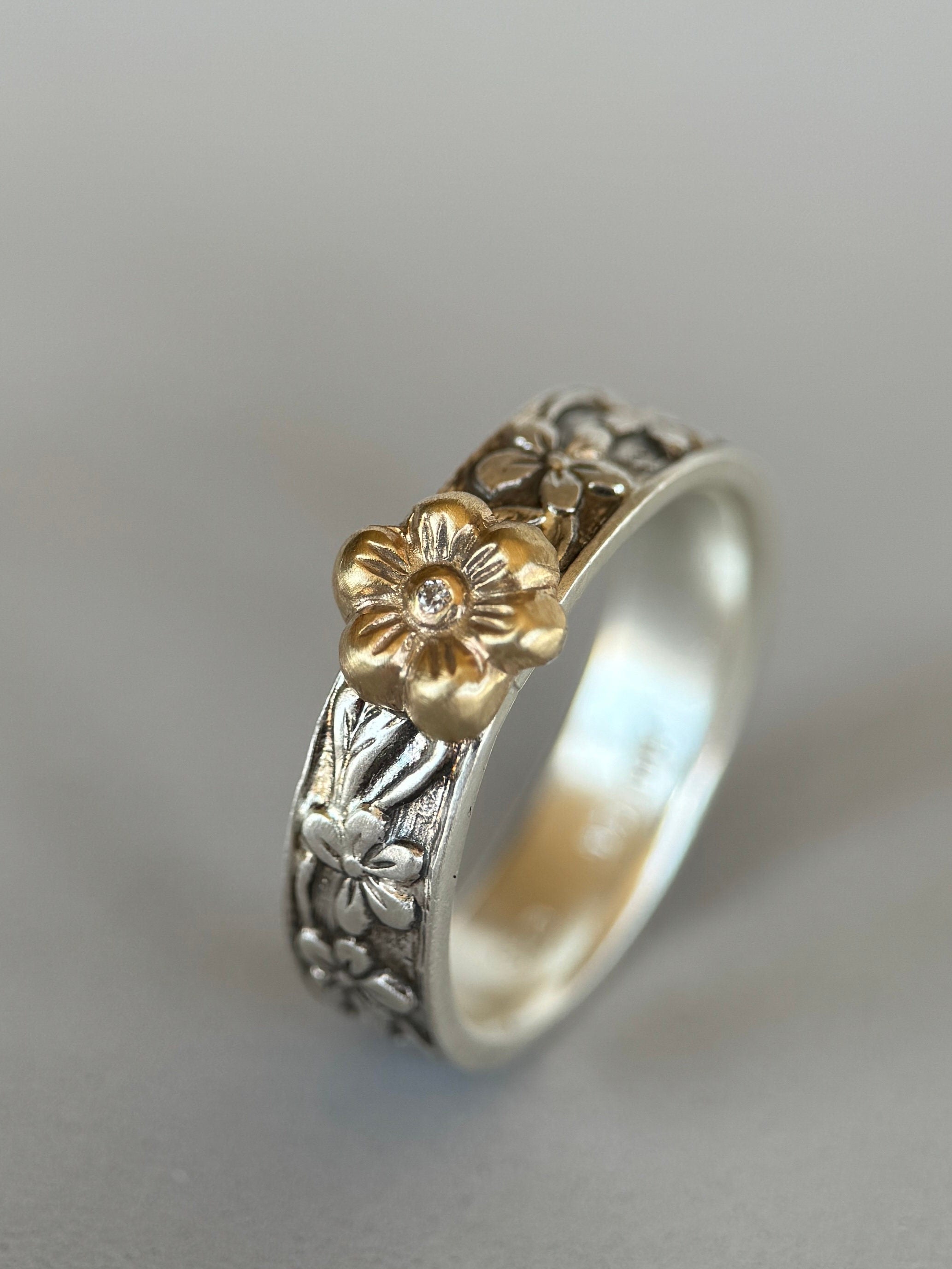 Flower Band with 10K Gold Flower, Moissanite , and Sterling silver