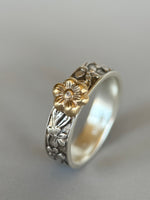 Load image into Gallery viewer, Flower Band with 10K Gold Flower, Moissanite , and Sterling silver
