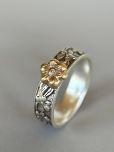 Flower Band with 10K Gold Flower, Moissainte, and Sterling silver