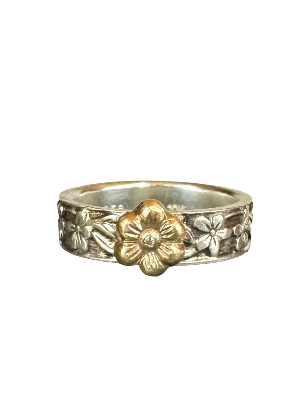 Flower Band with 10K Gold Flower, Moissanite , and Sterling silver