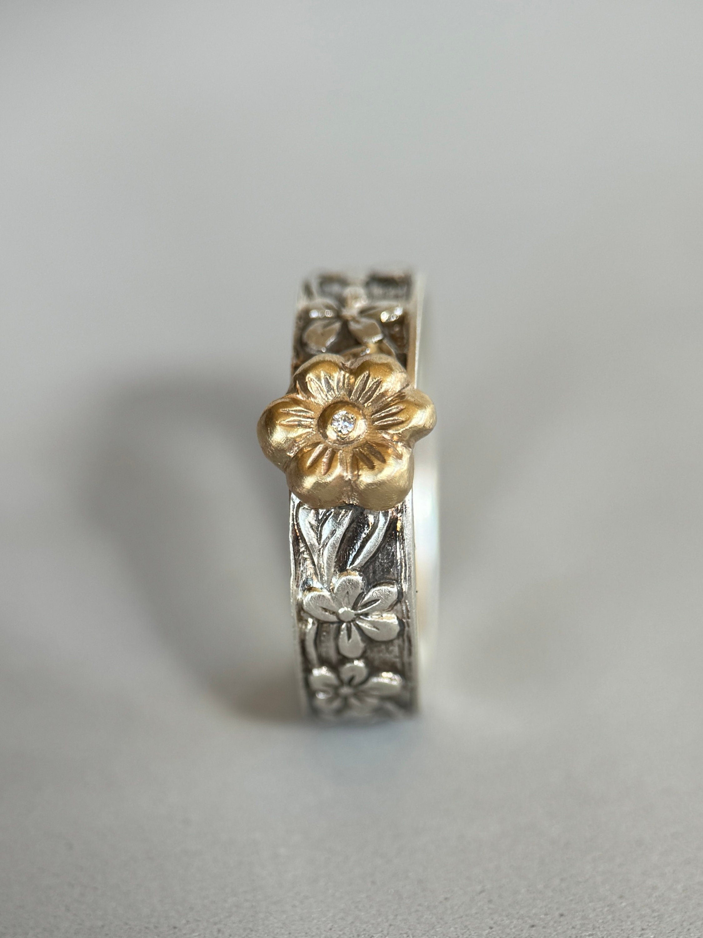 Flower Band with 10K Gold Flower, Moissainte, and Sterling silver