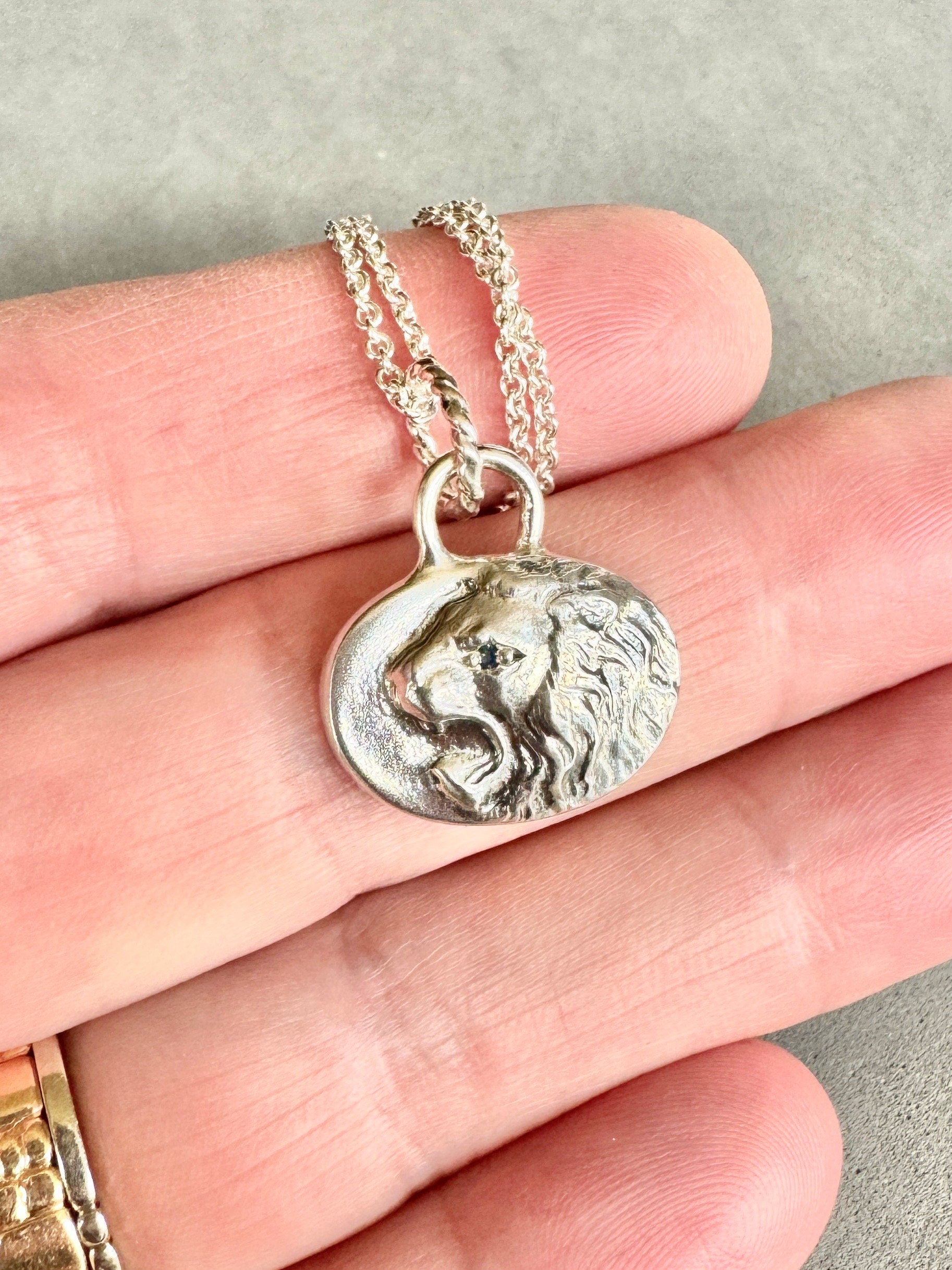 Roaring Lion Pendant with Blue Sapphire, sterling silver