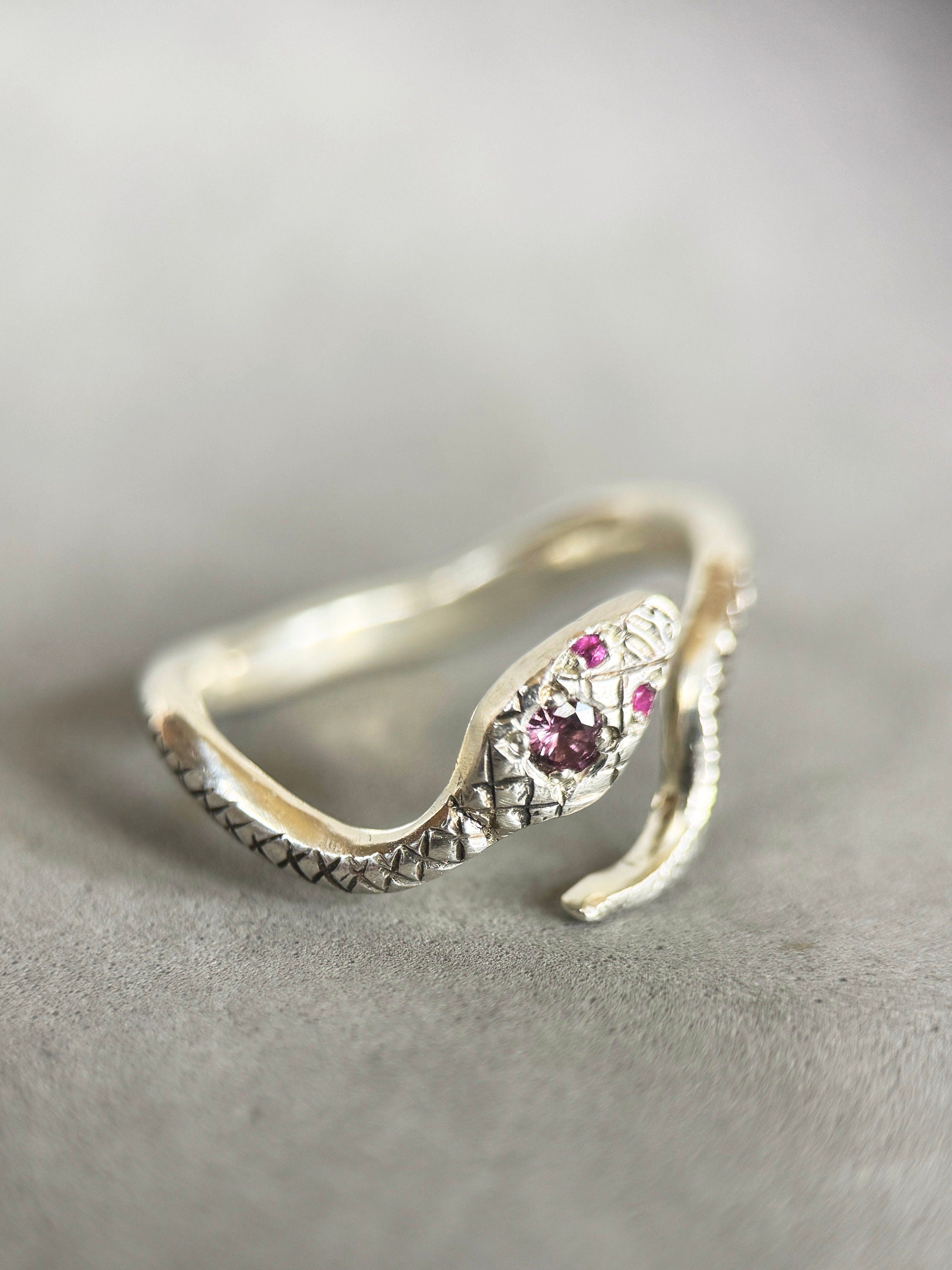 Snake Ring with Ruby Eyes and Spinel , serpent, sterling silver