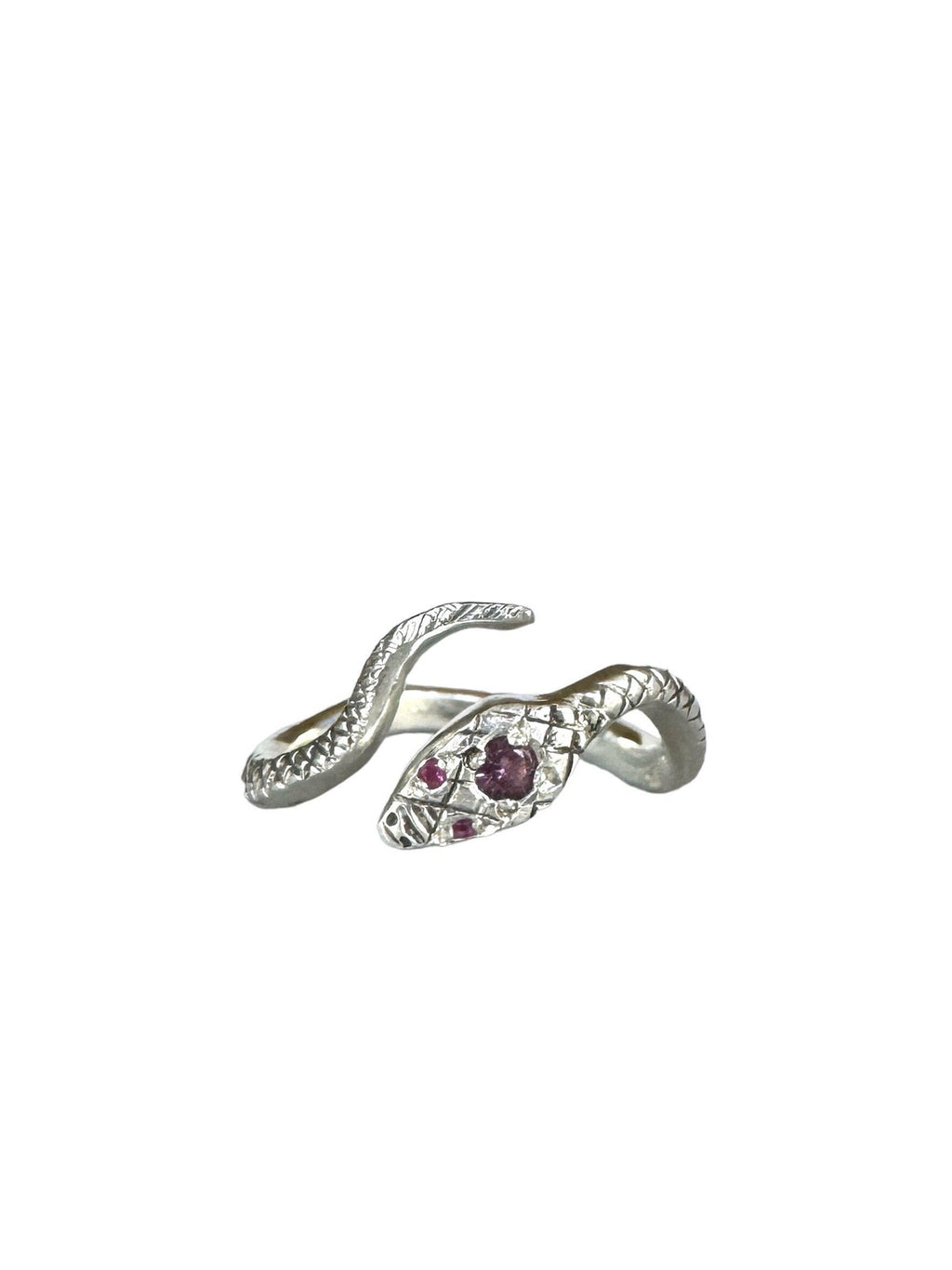 Snake ring in sterling silver with Ruby eyes and Spinel head gemstones.