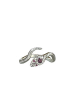 Load image into Gallery viewer, Snake ring in sterling silver with Ruby eyes and Spinel head gemstones.
