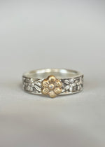 Load image into Gallery viewer, Flower Band with 10K Gold Flower, Moissainte, and Sterling silver
