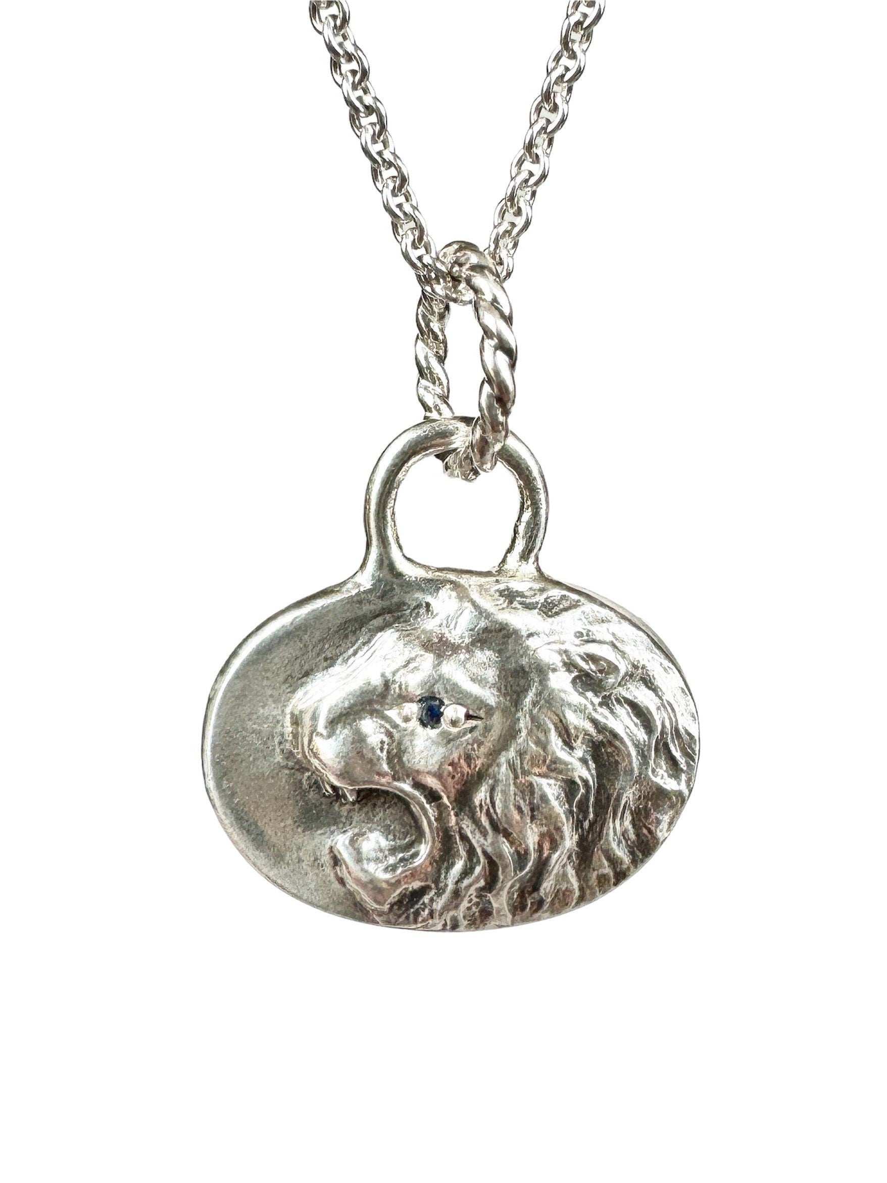 Roaring Lion Pendant with Blue Sapphire, sterling silver