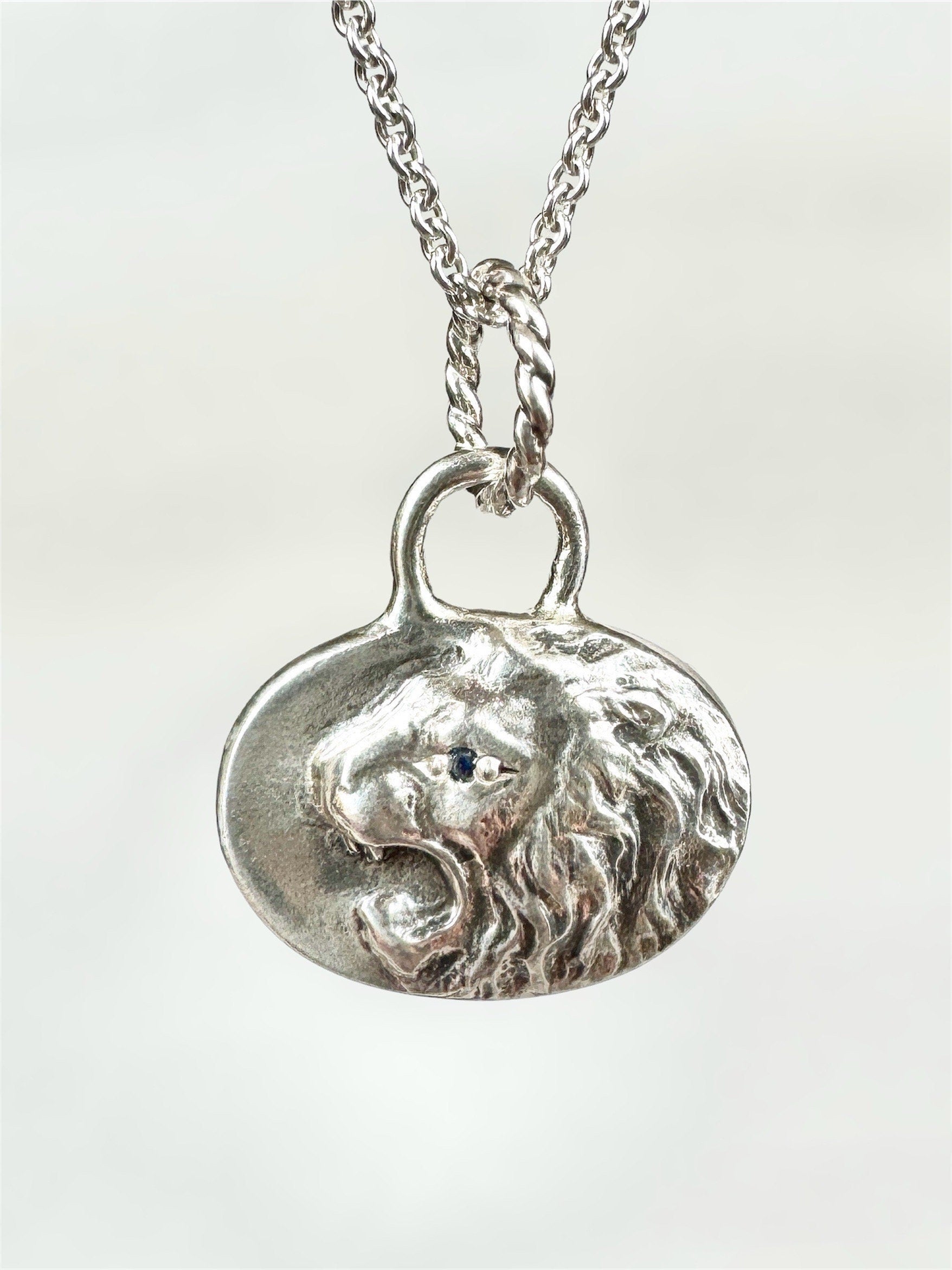 Roaring Lion Pendant with Blue Sapphire, sterling silver