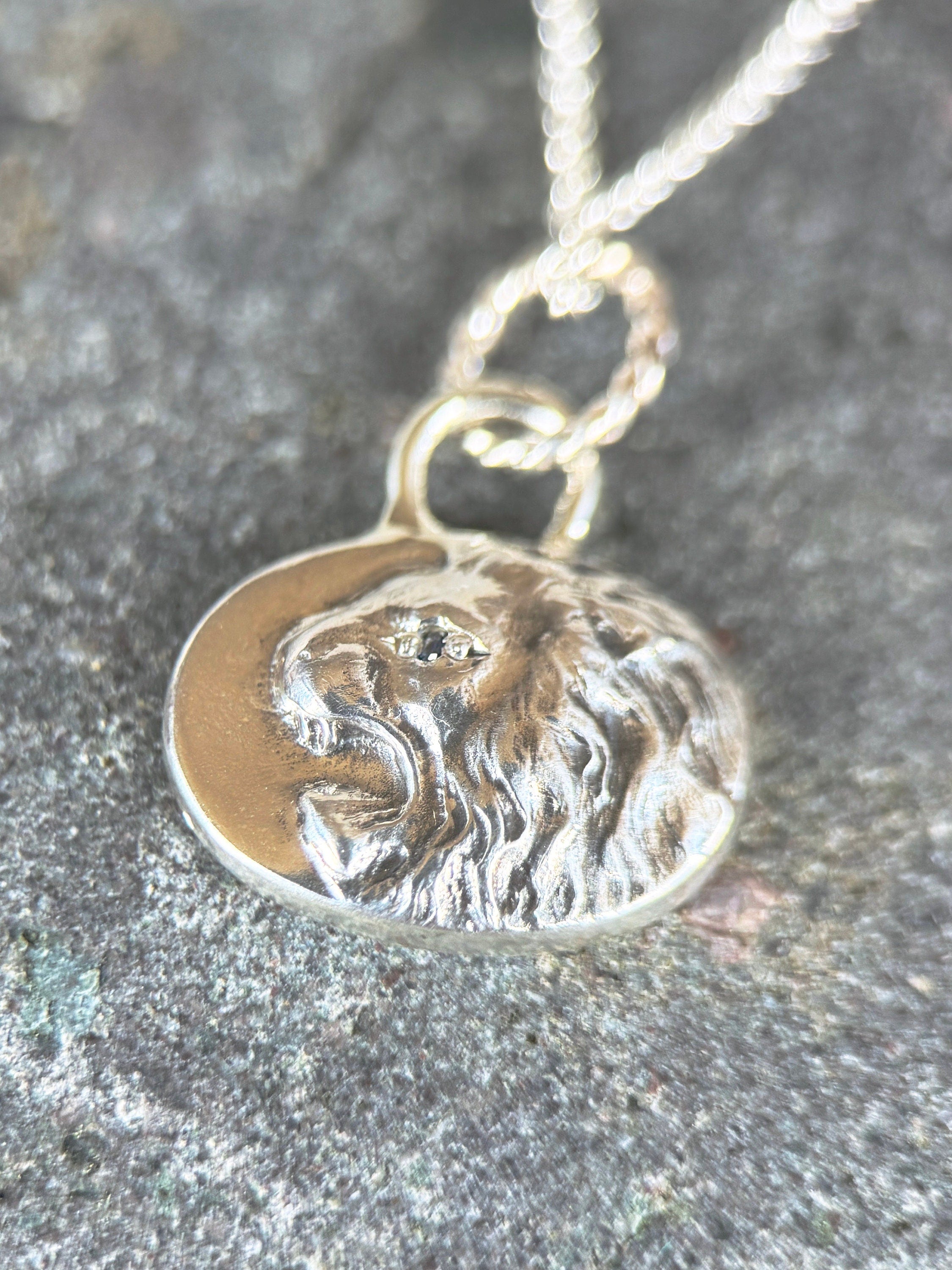 Roaring Lion Pendant with Blue Sapphire, sterling silver