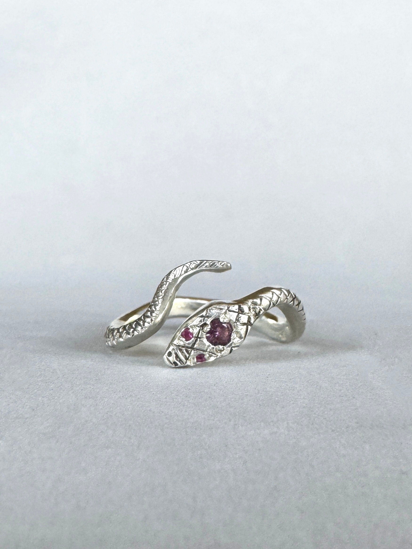 Snake Ring with Ruby Eyes and Spinel , serpent, sterling silver